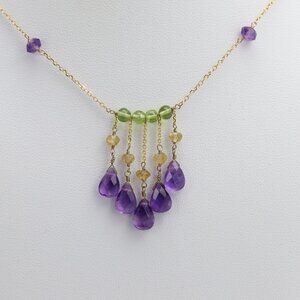 Amethyst Beaded Necklace 14k Yellow Gold Dangle Bead Necklace #001